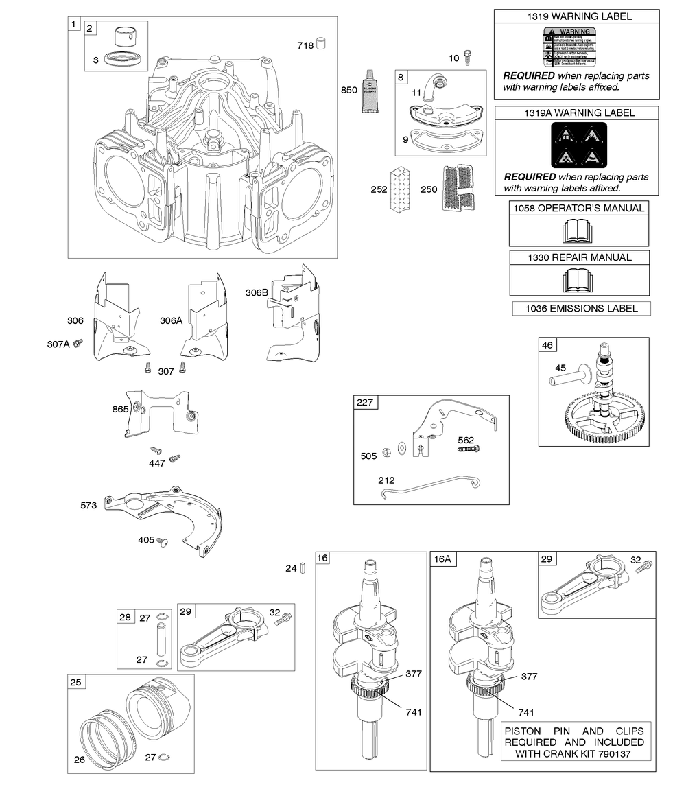 Cylinder, Crankshaft, Camshaft, Air Guides, Piston, Rings, Connecting Rod Diagram and Parts List for 44Q777-5046-G5 400000 - 699999 Briggs and Stratton Engine